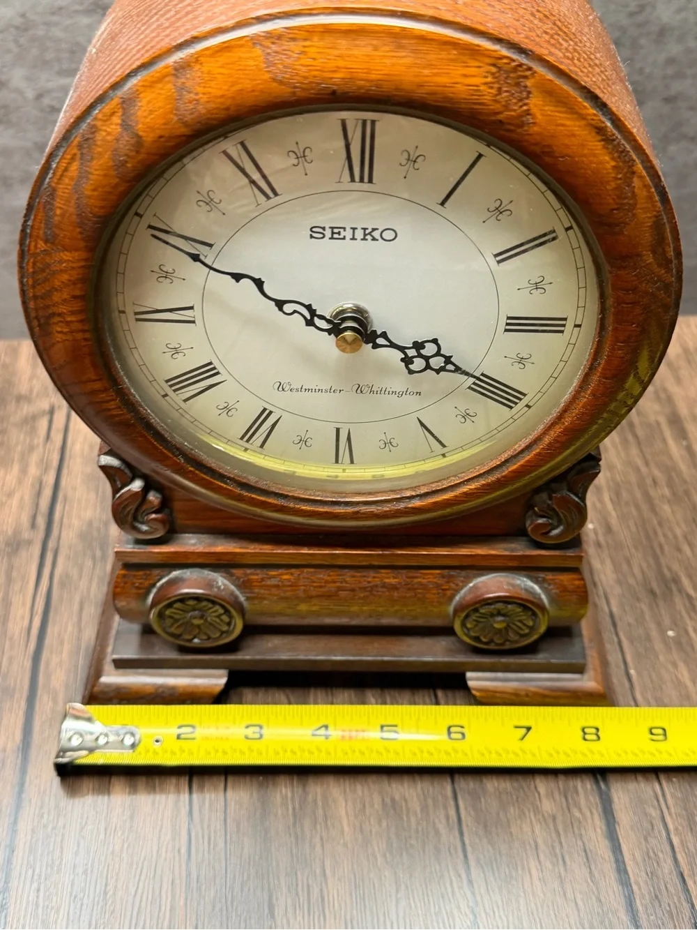 Seiko Brown Wood Carved Mantel Clock with Roman Dial